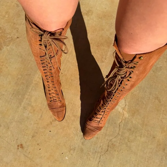 Jeffrey Campbell Sz 9 Brown 100% Lambs Leather Tall Lace Up boot Free People Joe - Picture 6 of 16